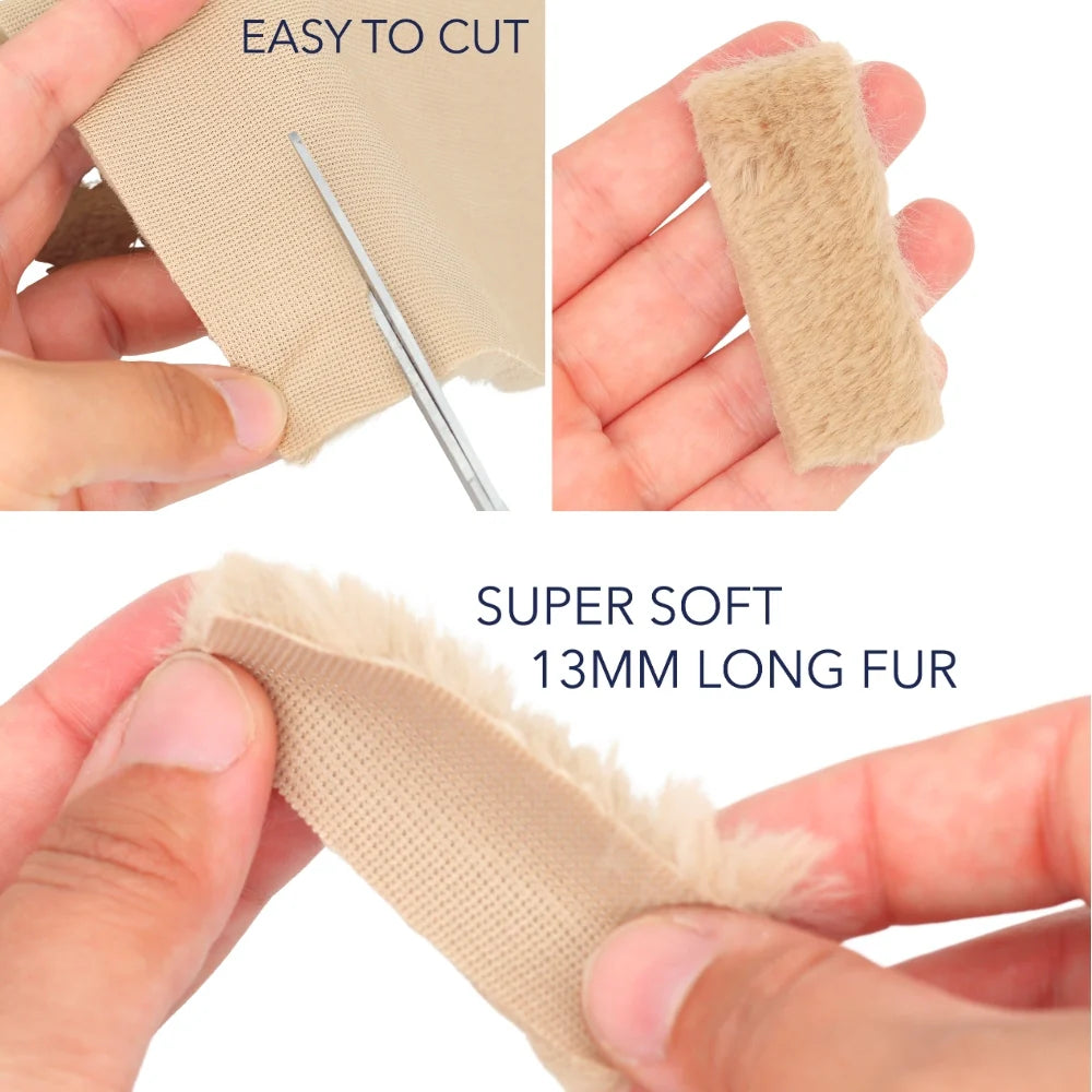 Beige long fur strip with mesh backing, shown being cut by hand