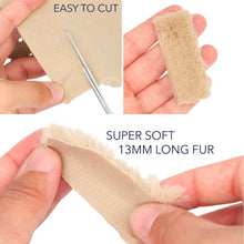 Beige long fur strip with mesh backing, shown being cut by hand