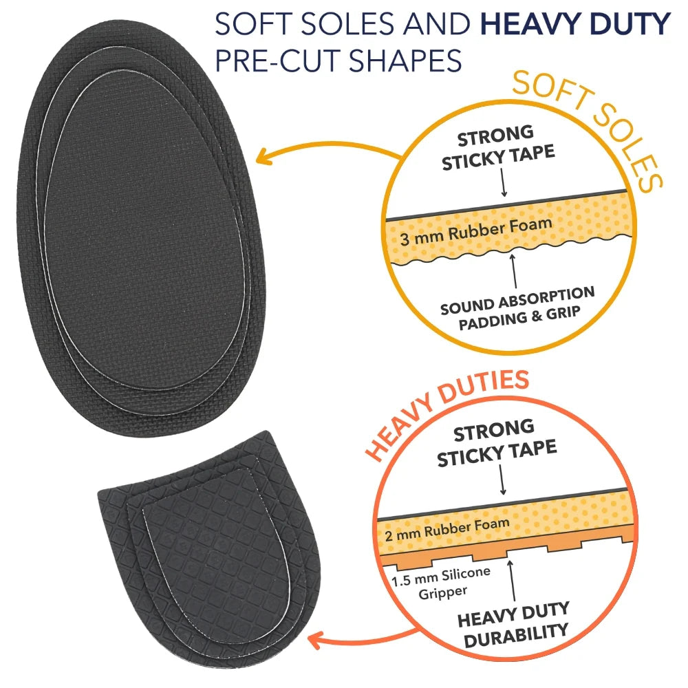 Pre-cut sole shapes with strong sticky tape and rubber foam padding layers