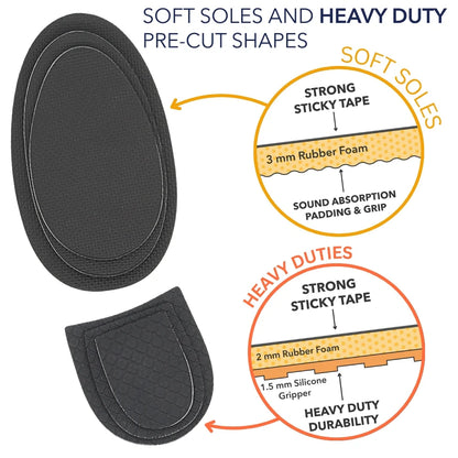 Pre-cut sole shapes with strong sticky tape and rubber foam padding layers
