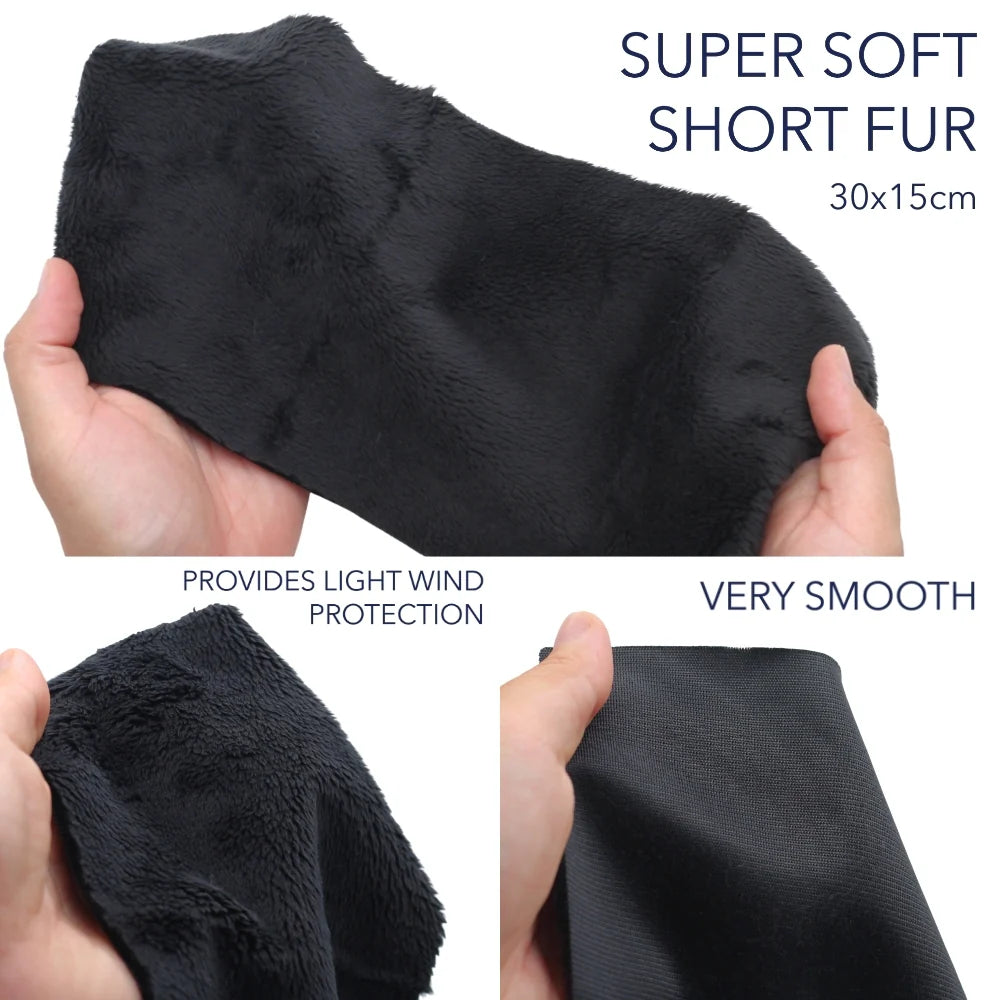 Short plush fur fabric strip, dark charcoal, soft textured surface