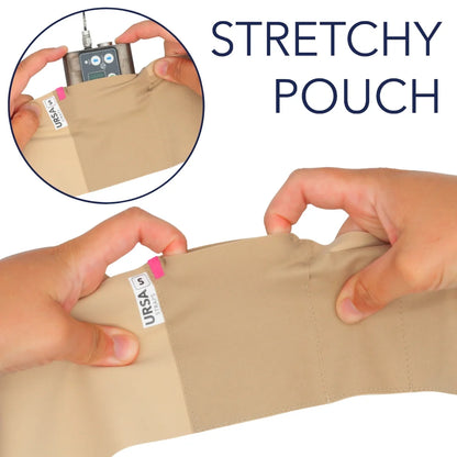 Beige double pouch waist strap with stretchable pouch shown during handling