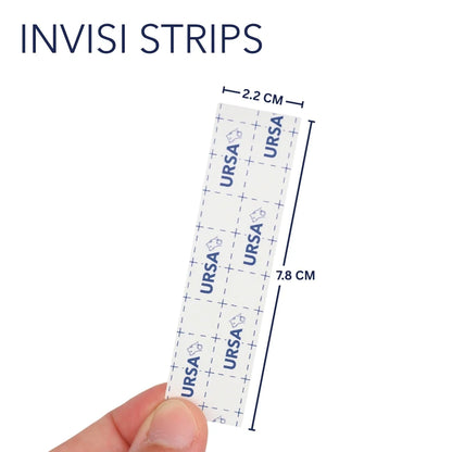 Invisi Strips clear adhesive tape strip with size markings, 7.8 cm length