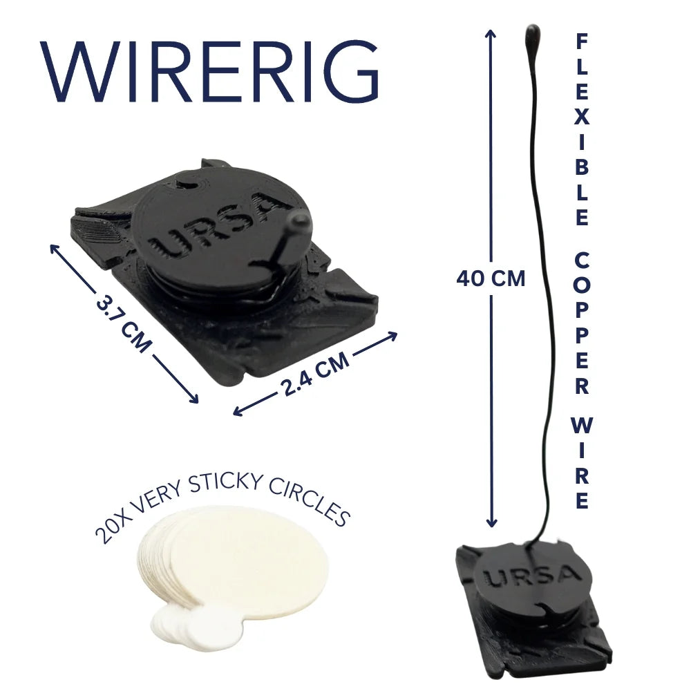 WireRig clip mic with 40 cm cable and sticky mounting circles; size diagram