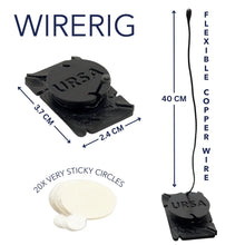 WireRig clip mic with 40 cm cable and sticky mounting circles; size diagram