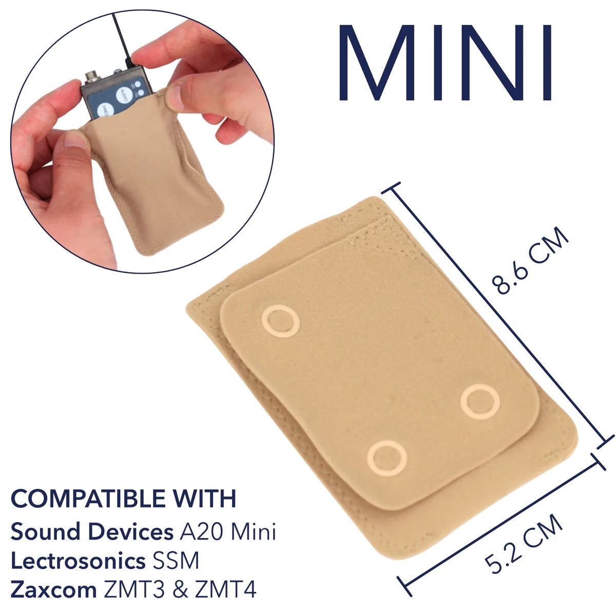 Beige calf strap, rectangular grip patch with two attachment holes and cable outlet.