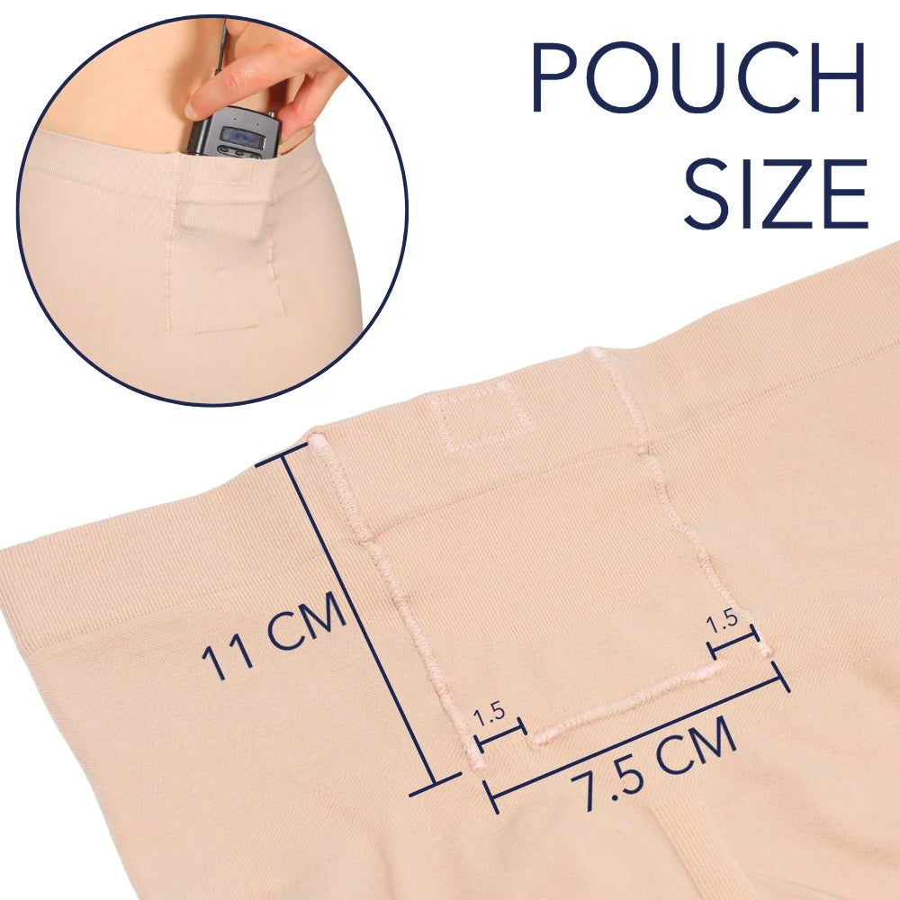 Beige shapewear shorts with pouch size measurements and device pocket on leg