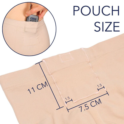 Beige shapewear shorts with pouch size measurements and device pocket on leg