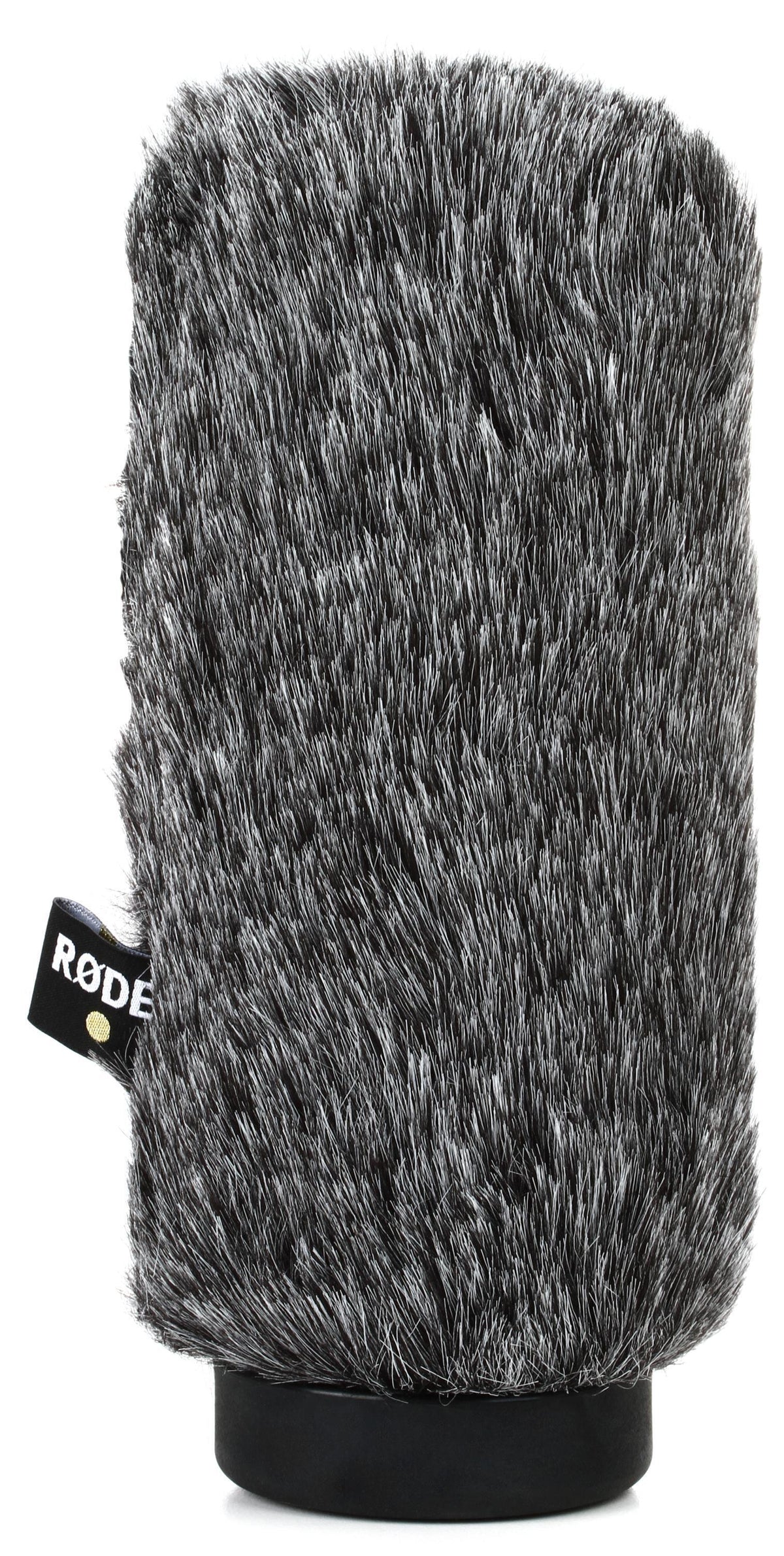 RØDE gray furry microphone windshield with black base and logo tag