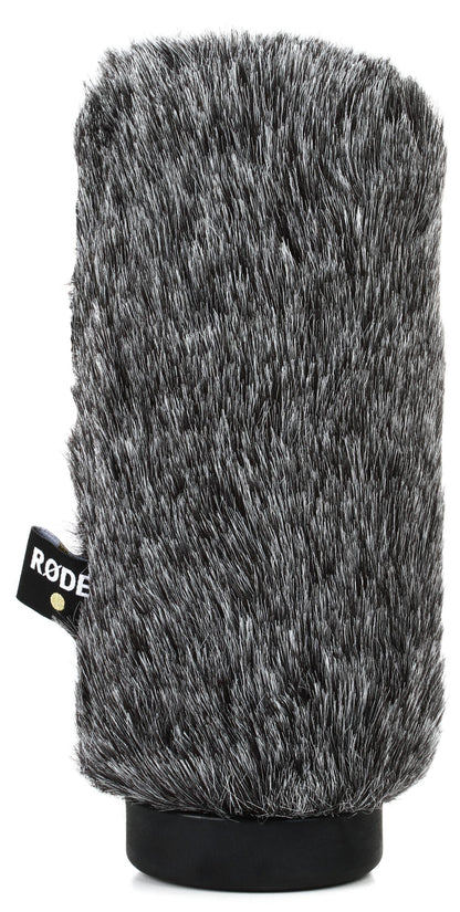 RØDE gray furry microphone windshield with black base and logo tag