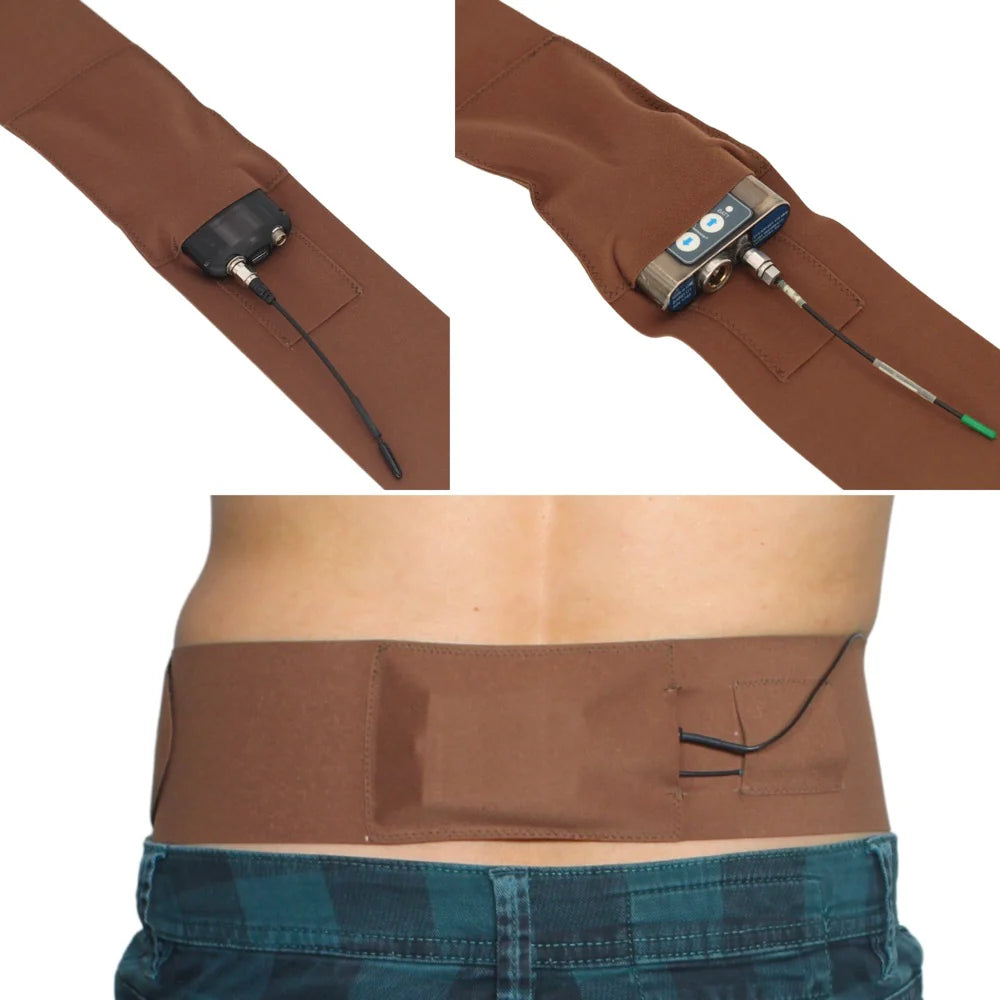 Caramel brown waist strap with side pouch, pouch shown flat with cable routing