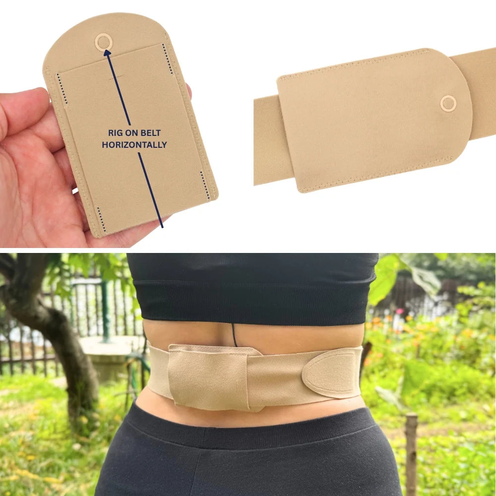 Tan performance pouch worn on belt with adjustable strap and eyelet