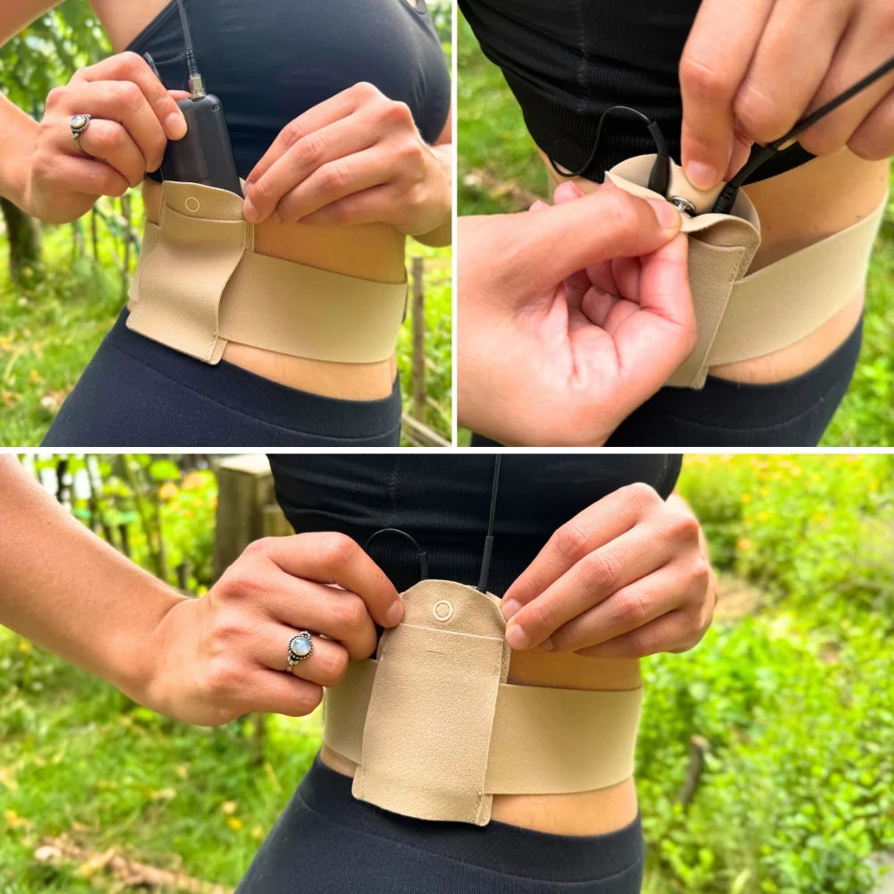 Tan performance pouch attached around waist with belt strap and eyelet