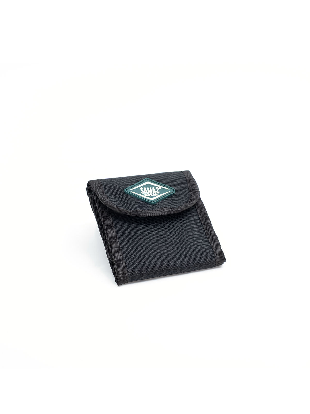 Black cap pouch with flap, teal logo patch, and compact folded design