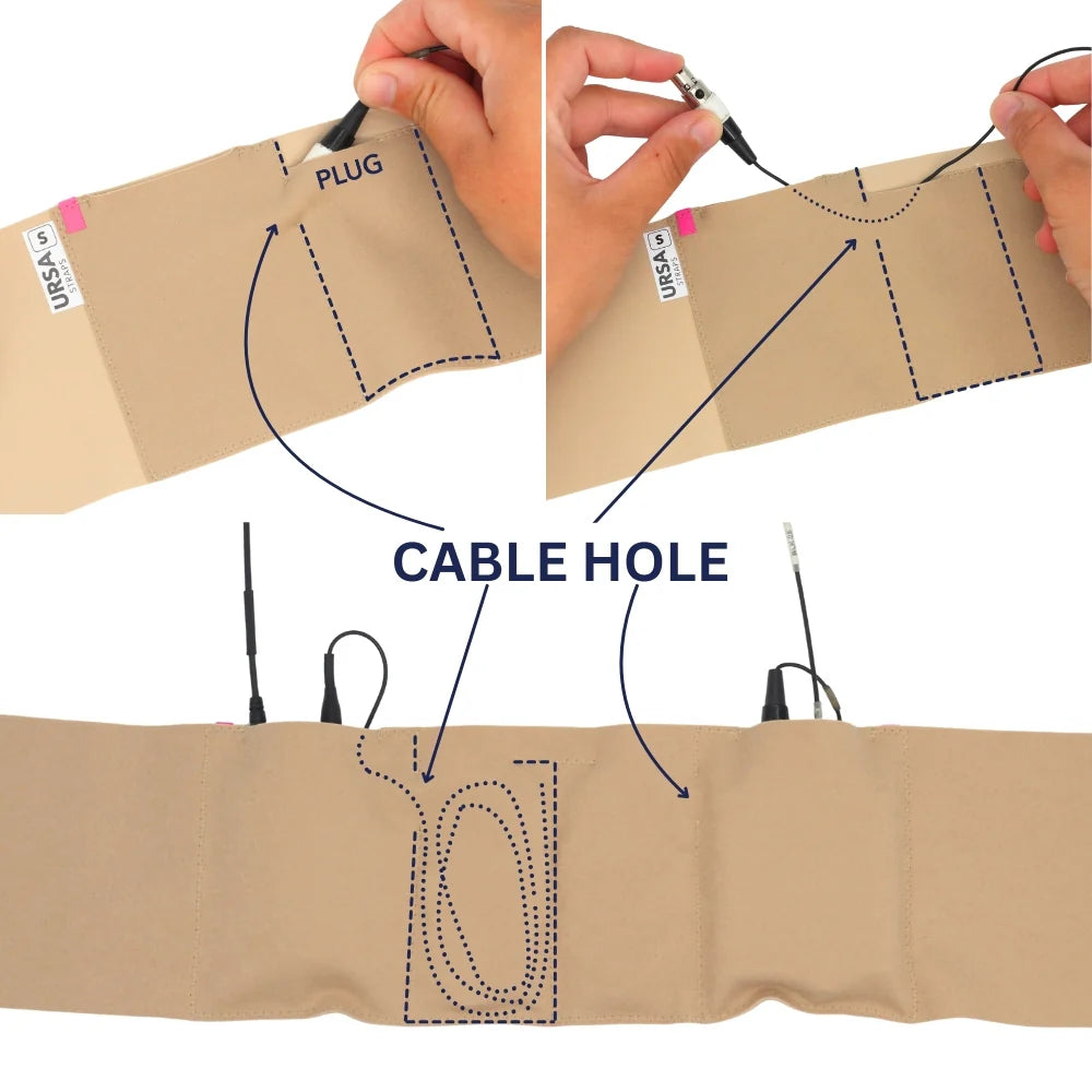 Beige double pouch waist strap with cable hole and plug routing diagrams