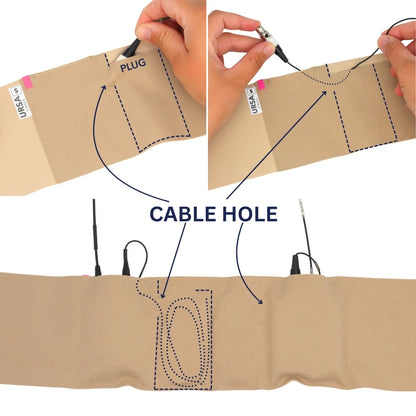 Beige double pouch waist strap with cable hole and plug routing diagrams