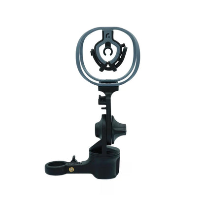 Black shock mount with gray outer ring, spider arms, and mounting clamp base