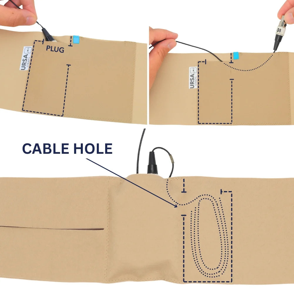 Beige pouch strap accessory showing cable hole and cord pass-through