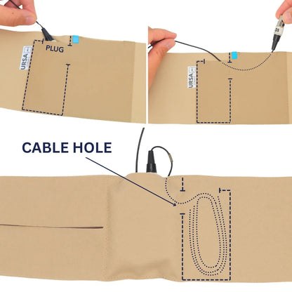 Beige pouch strap accessory showing cable hole and cord pass-through