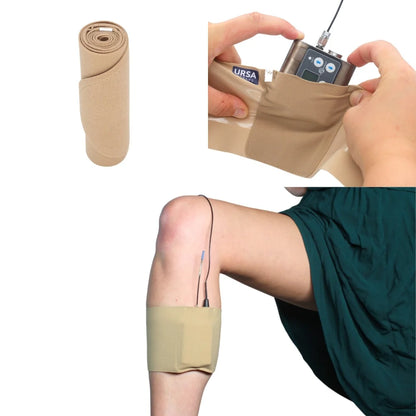 Beige calf strap roll with sewn edge; shown secured around the calf with device.