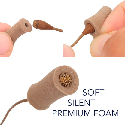 Caramel brown foam sleeve close-up with mesh front, attaching to a lav microphone