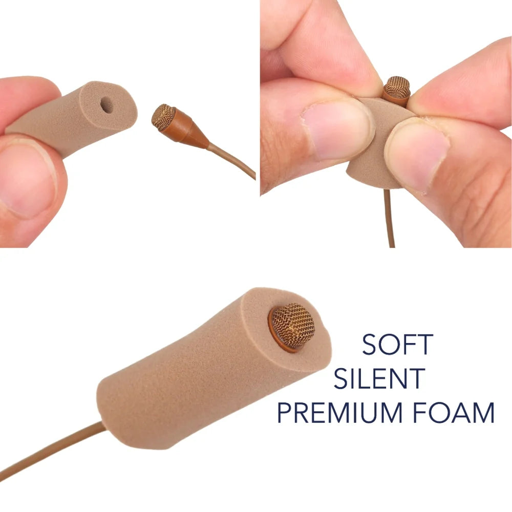 Beige mini foam lav mic mount with mesh center, held in fingers