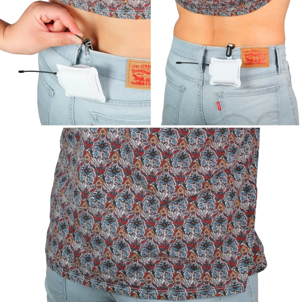 Belt pouch worn on waistband with small zip pouch detail and hanging clip