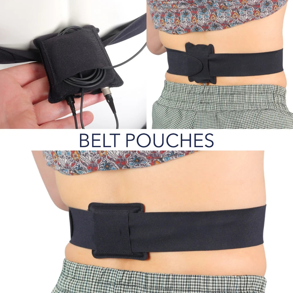 Black URSA belt with pouch pouches and buckle, worn at waist over trousers