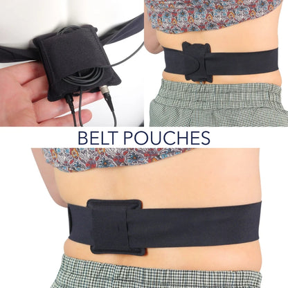 Black URSA belt with pouch pouches and buckle, worn at waist over trousers