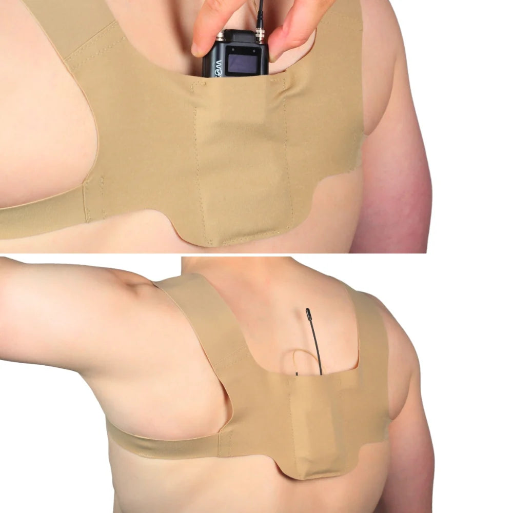 Beige chest strap pouch with pocket open for device and back support cord
