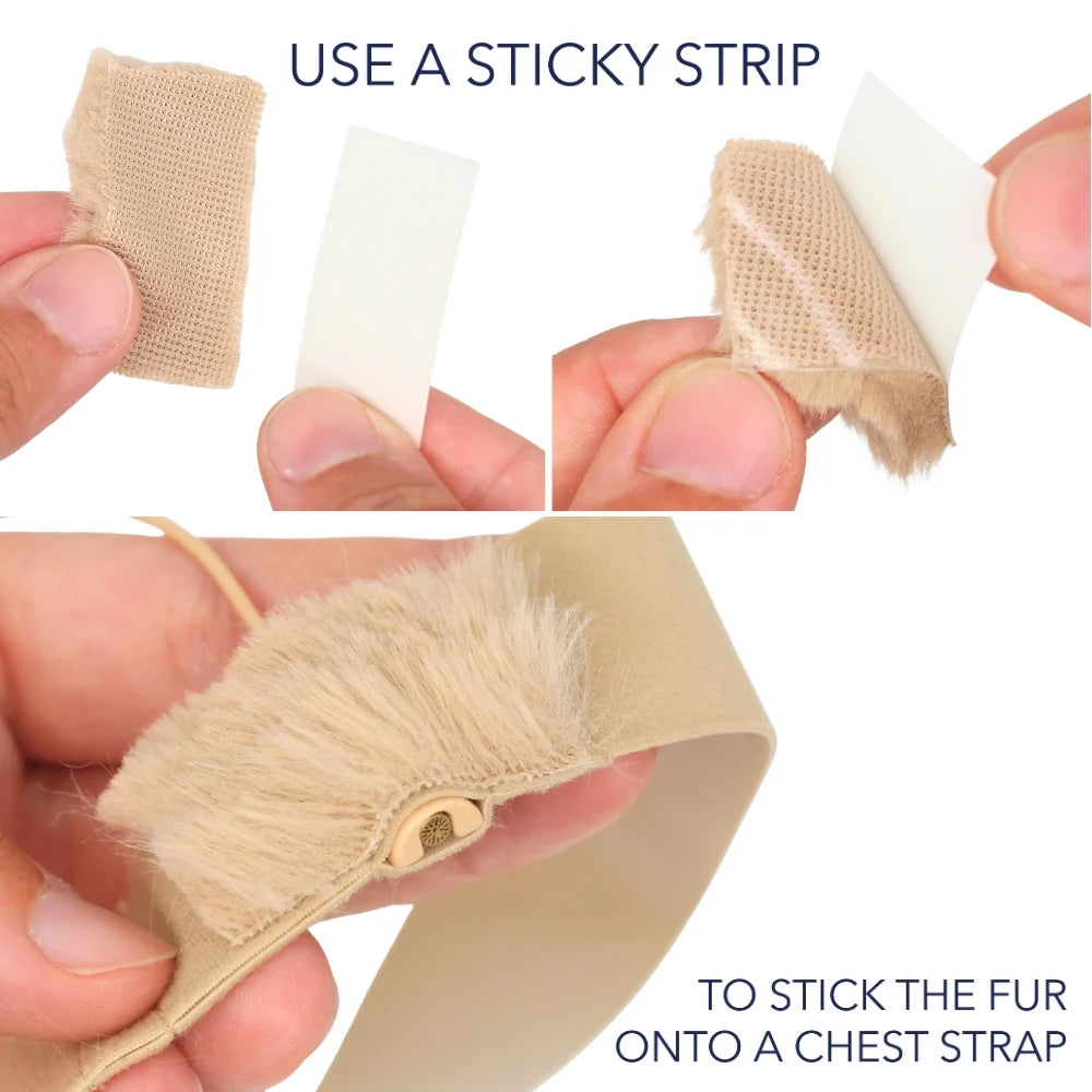 Beige fur tangle with sticky backing, pressed onto a strap-like fabric piece