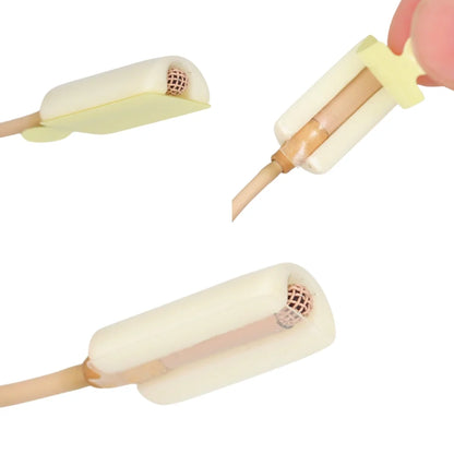 Cream adhesive tape strip with curved mesh center on thin applicator