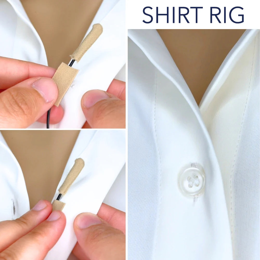 Hands attaching a beige soft sleeve to a shirt microphone clip
