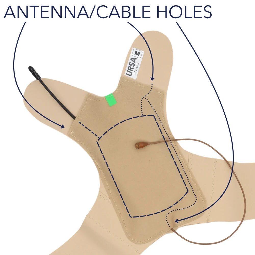 Beige back strap diagram with cable/antenna hole and dashed stitch lines