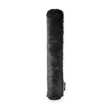 Microphone windscreen cylinder, dark fuzzy fur sleeve with radius logo