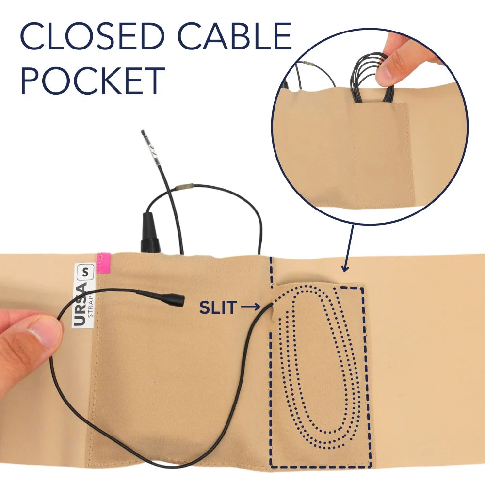 Beige single pouch with closed cable pocket and slit opening for small devices.
