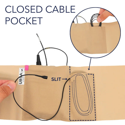 Beige single pouch with closed cable pocket and slit opening for small devices.