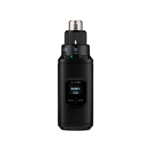 Shure SLXD3+ wireless XLR plug-on transmitter back view with screen and menus