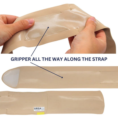 Beige gripper pouch strap held open to show secure attachment along the strap