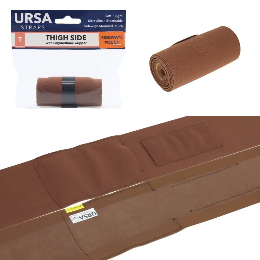 Caramel thigh-side pouch strap roll with gripper, plus stitched pocket close-up
