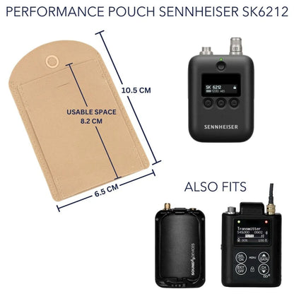 Beige fabric performance pouch with snap button and front circular loop.