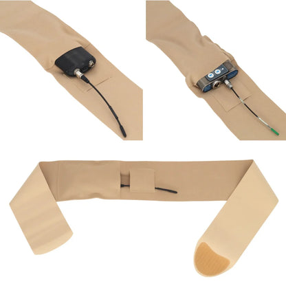 Beige waist strap with side pouch, shown laid out with mounted cable