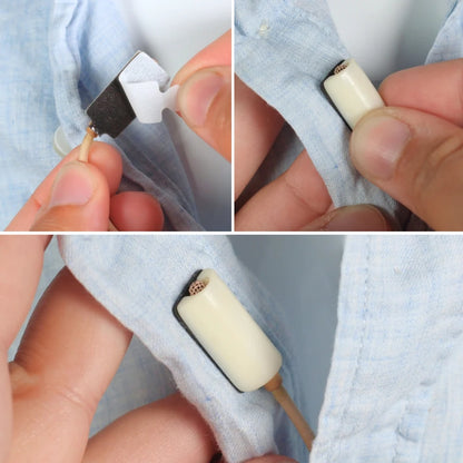 Beige MiniMount lav mic mount clipped to light fabric with foam housing