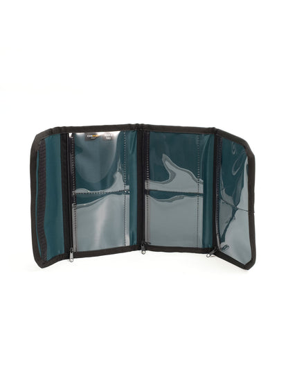 Foldable cap pouch with teal lining, two pockets, and zipper closures