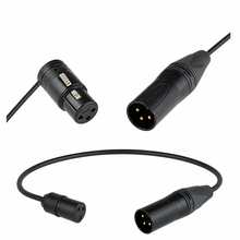 Black 3-pin XLR low-profile audio cable with two male connectors, 400mm.