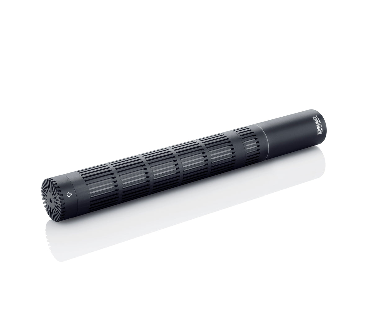 DPA gun microphone with cylindrical body and front grille, dark gray/black