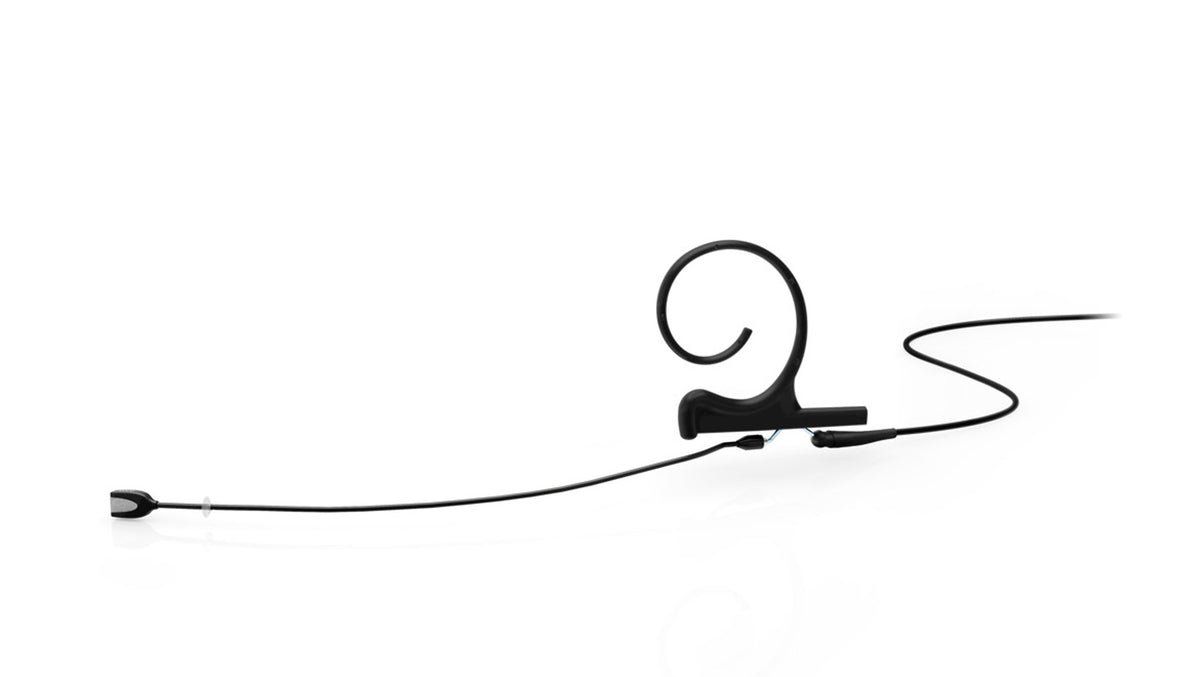 Black omnidirectional flex earset microphone with curled ear hook and long boom