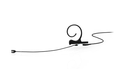Black omnidirectional flex earset microphone with curled ear hook and long boom