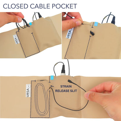 Beige pouch strap with closed cable pocket and strain release slit detail