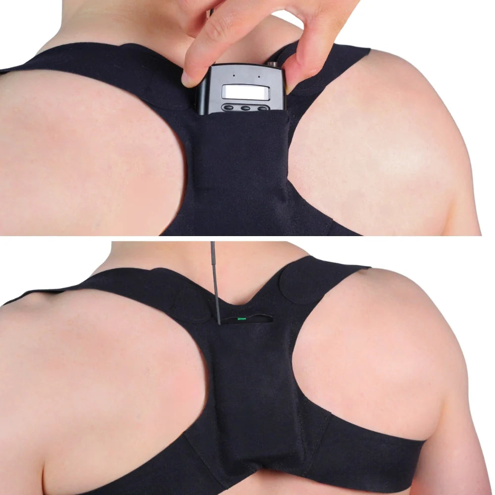 Black back strap worn on upper back with central pouch and straps